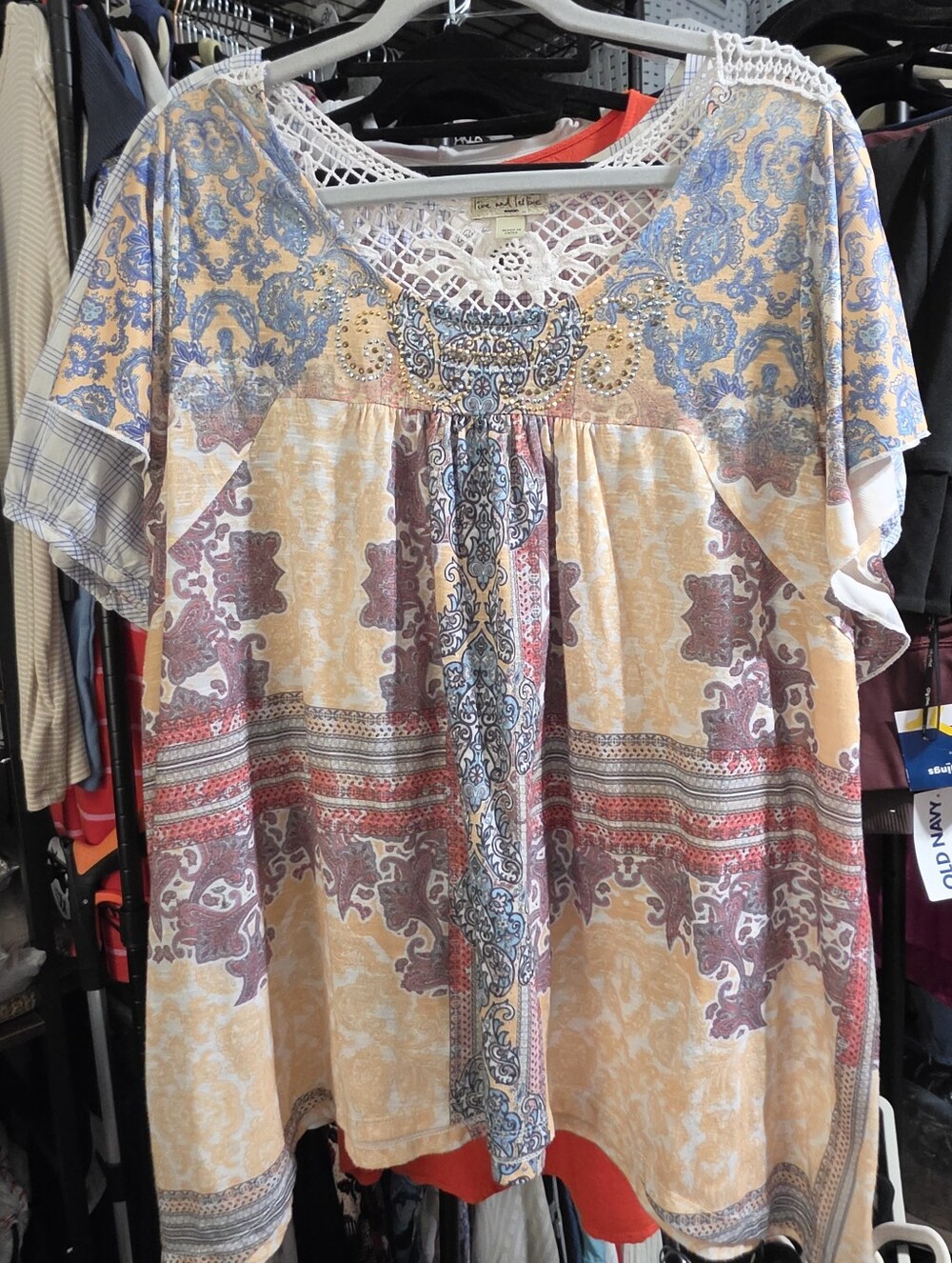 LIVE AND LET LIVE Yellow Multi-Pattern Lace Yoke Blouse